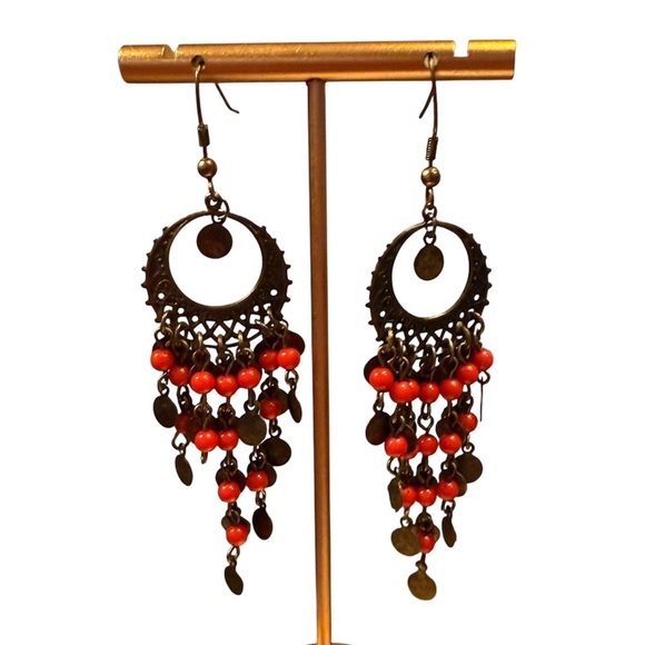 Banana Republic Jewelry - Vintage Y2K Banana Republic Bronze/Red Chandelier Earrings 3.5” drop